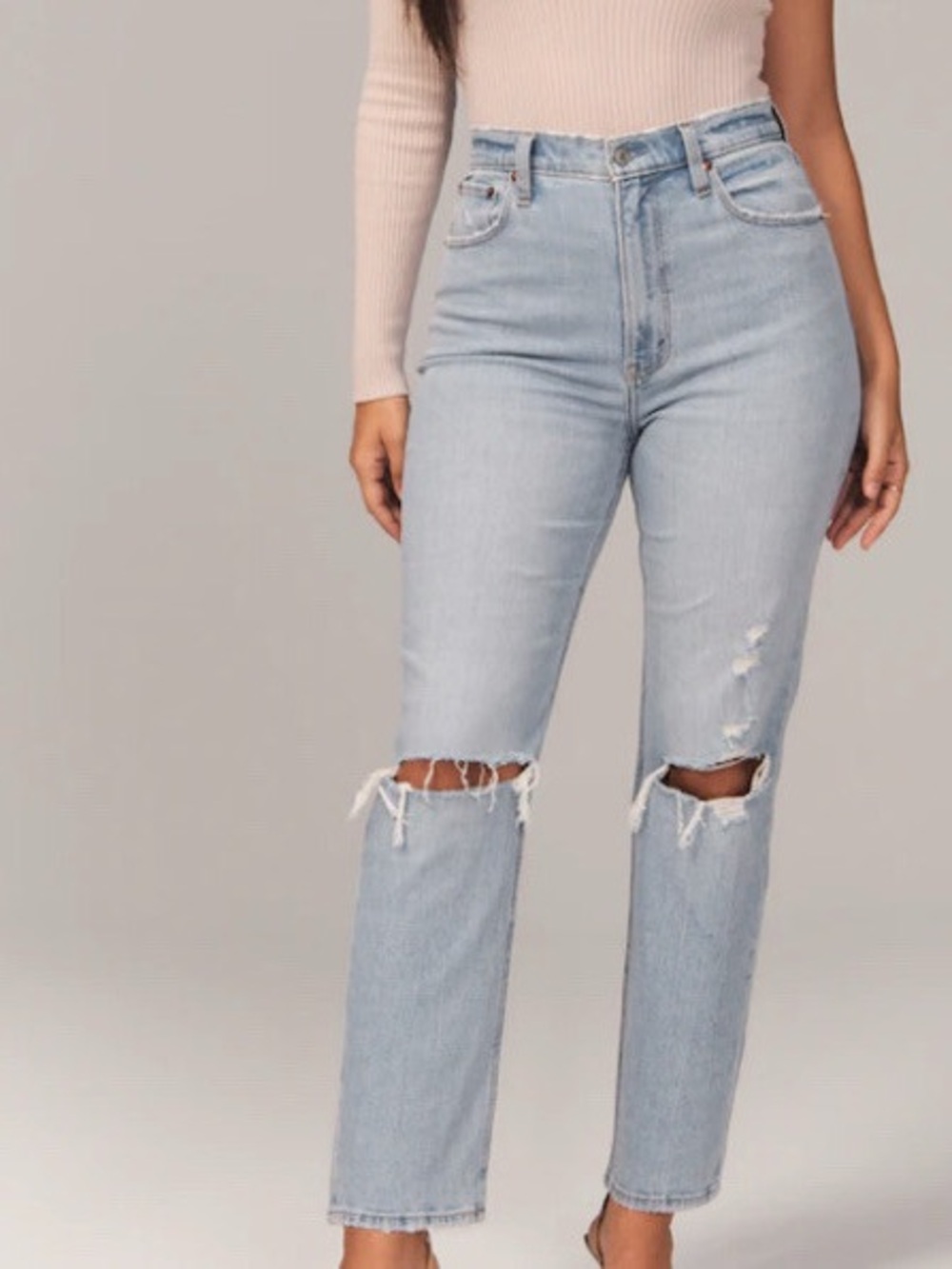 A&F- High-Rise, Ankle Light Blue Distressed Women's Jeans (Curve Love, 28s/6s)